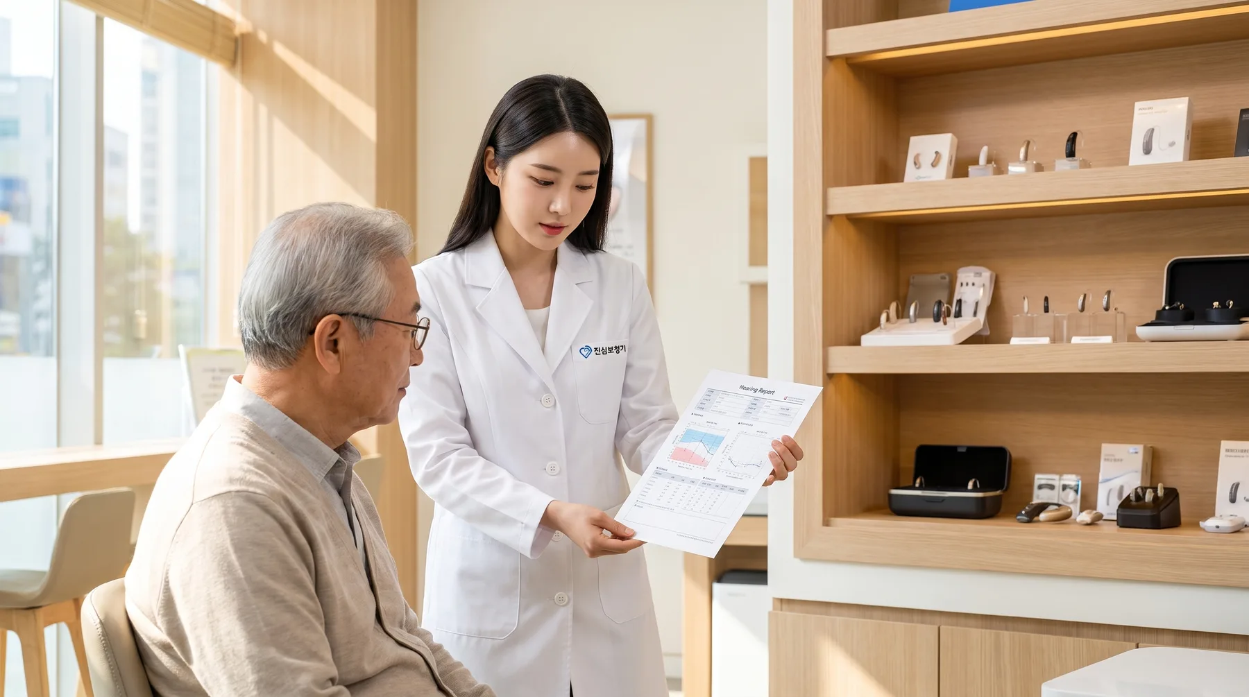 진심보청기 상담실에서 원장이 어르신과 마주 앉아 청력검사 결과지를 함께 보며 설명하는 모습