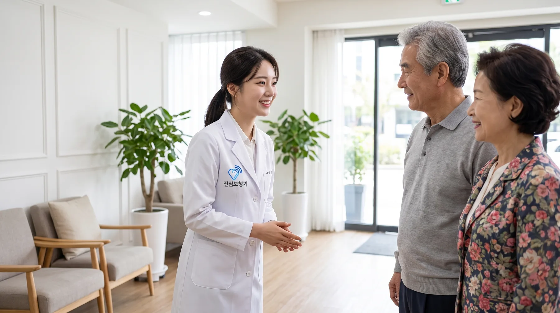 보청기를 처음 알아보러 온 어르신이 보호자와 함께 청능사의 설명을 듣는 모습