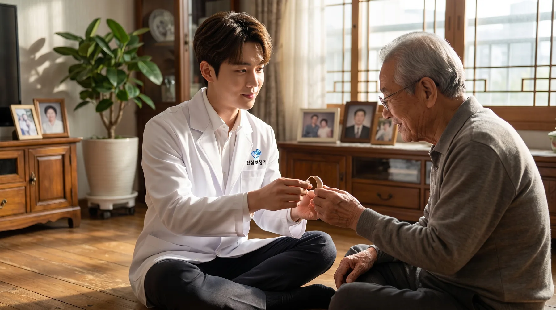 청능사가 어르신 댁 거실 바닥에 앉아 보청기를 직접 건네며 사용법을 알려드리는 모습